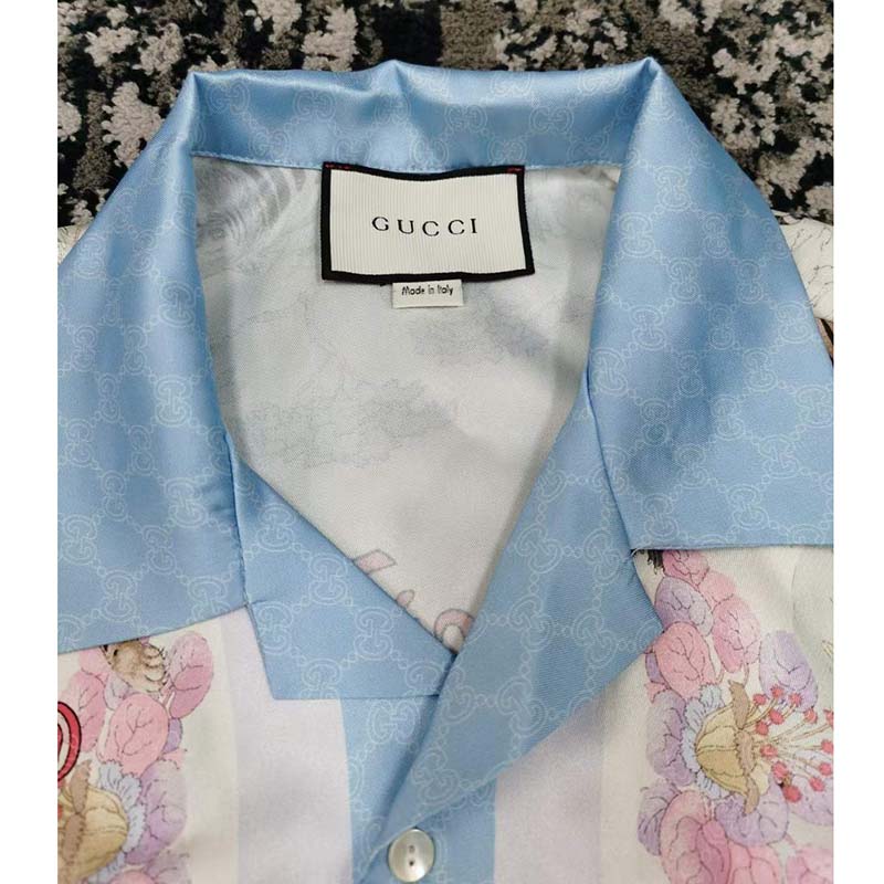 Gucci GG Men Tiger Bowling Shirt Flower Print Ivory Silk Crepe Loose Fit