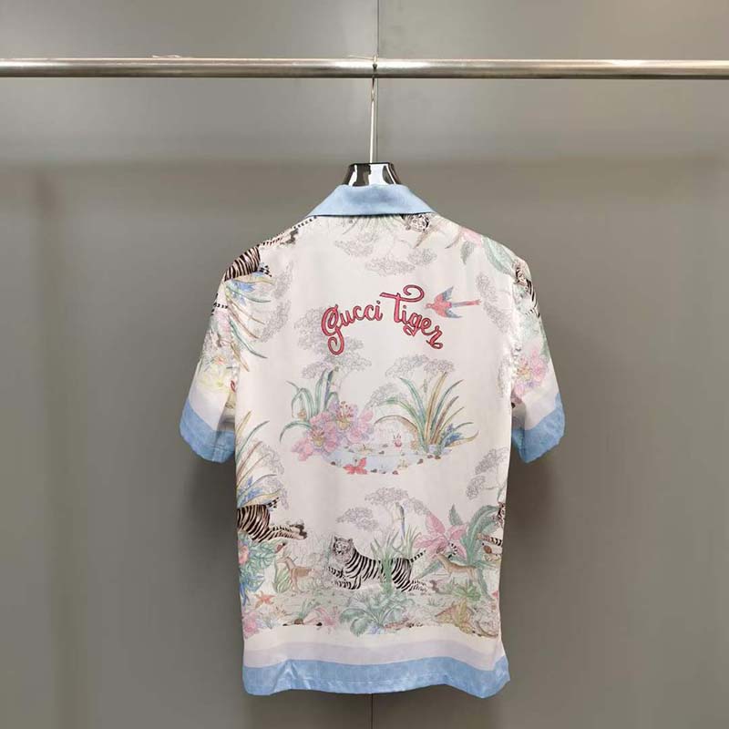 Gucci GG Men Tiger Bowling Shirt Flower Print Ivory Silk Crepe Loose Fit