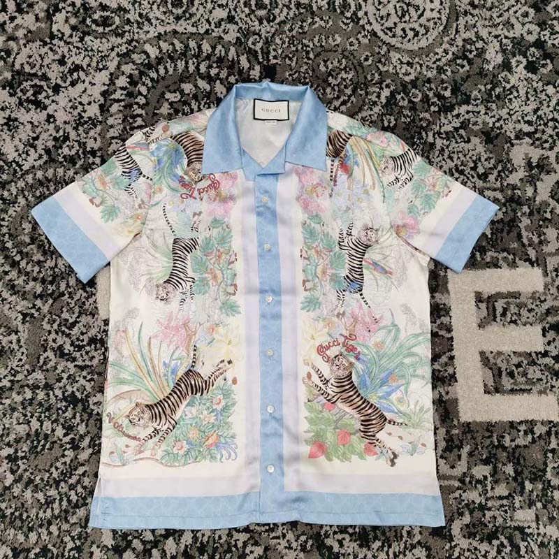 Gucci GG Men Tiger Bowling Shirt Flower Print Ivory Silk Crepe Loose Fit