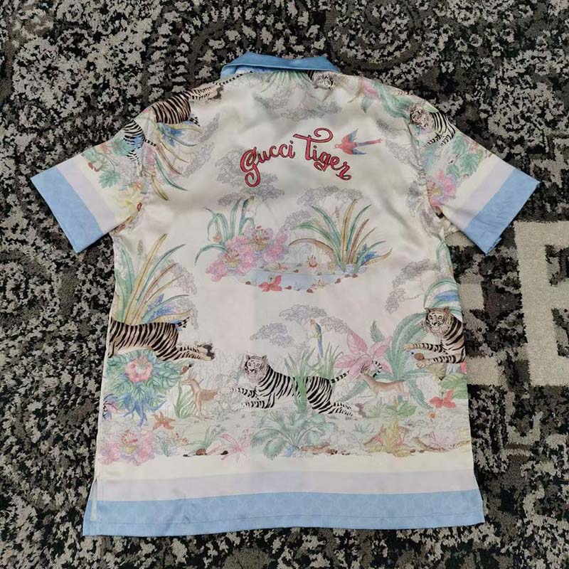 Gucci GG Men Tiger Bowling Shirt Flower Print Ivory Silk Crepe Loose Fit