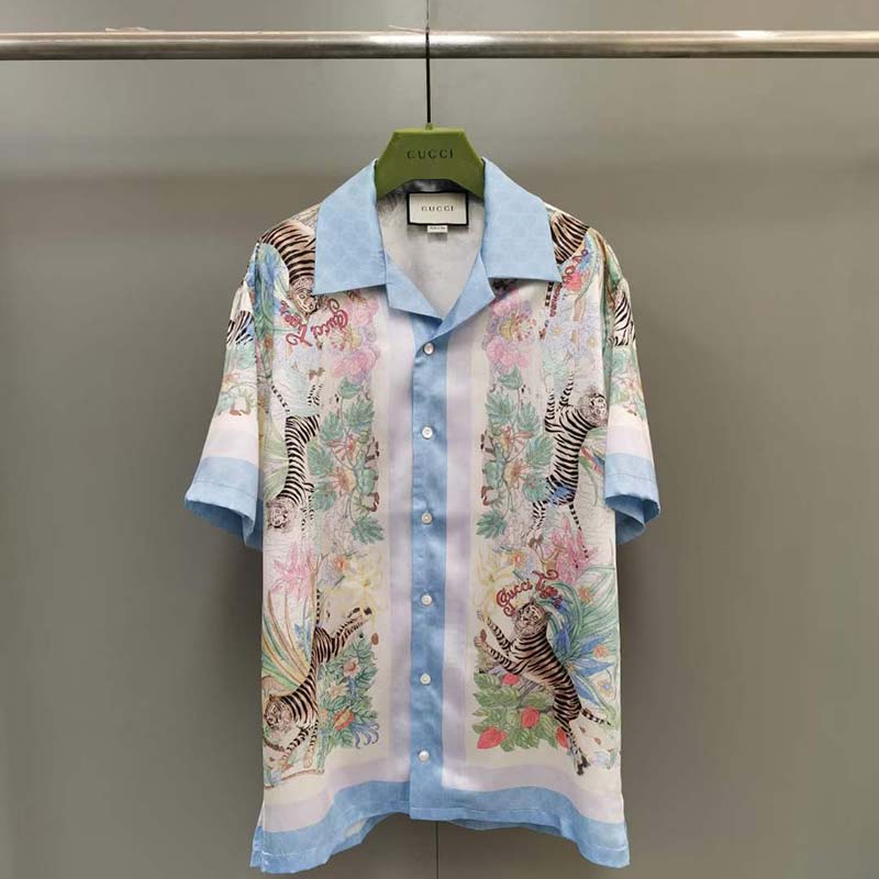 Gucci GG Men Tiger Bowling Shirt Flower Print Ivory Silk Crepe Loose Fit
