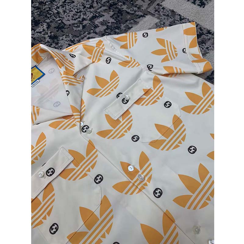 Gucci GG Men Adidas x Gucci Trefoil Print Bowling Shirt Yellow Fully Lined Viscose