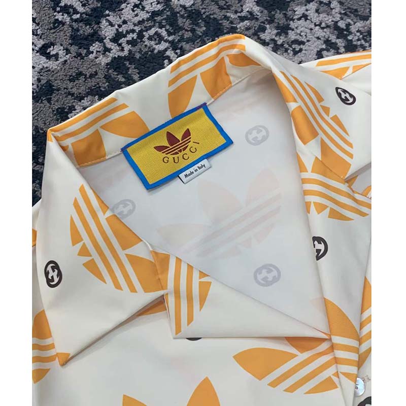 Gucci GG Men Adidas x Gucci Trefoil Print Bowling Shirt Yellow Fully Lined Viscose
