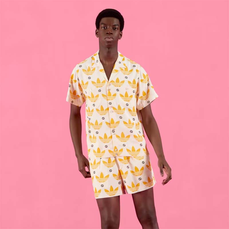 Gucci GG Men Adidas x Gucci Trefoil Print Bowling Shirt Yellow Fully Lined Viscose