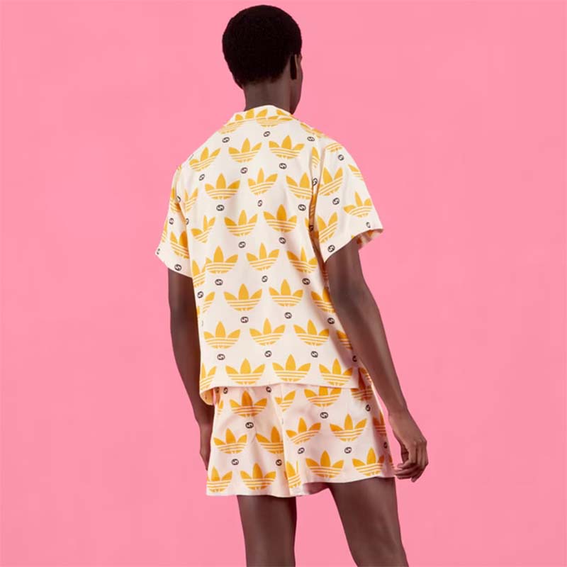 Gucci GG Men Adidas x Gucci Trefoil Print Bowling Shirt Yellow Fully Lined Viscose