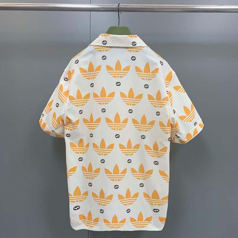Gucci GG Men Adidas x Gucci Trefoil Print Bowling Shirt Yellow Fully Lined Viscose