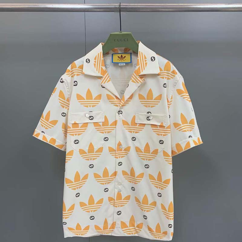 Gucci GG Men Adidas x Gucci Trefoil Print Bowling Shirt Yellow Fully Lined Viscose