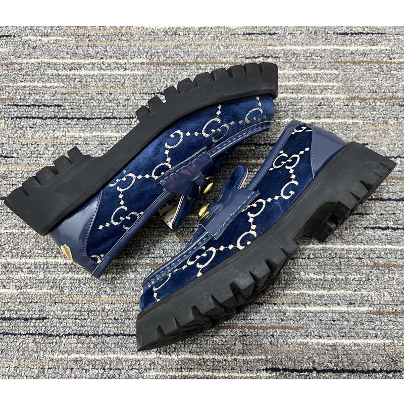 Gucci Men Jordaan GG Velvet Loafer Blue Beige Sole Flat 1.2 Cm Heel
