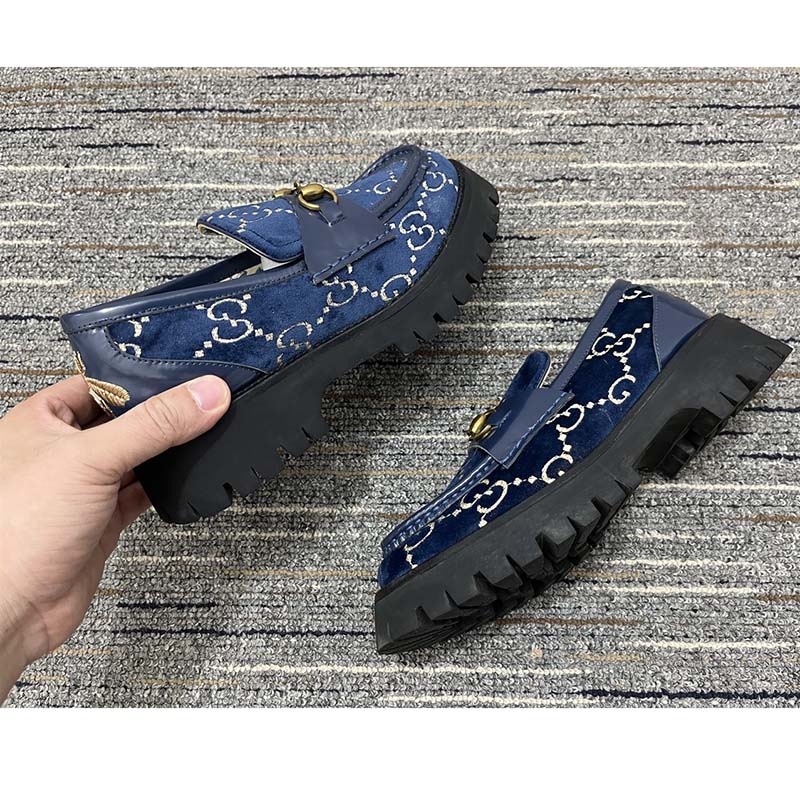 Gucci Men Jordaan GG Velvet Loafer Blue Beige Sole Flat 1.2 Cm Heel