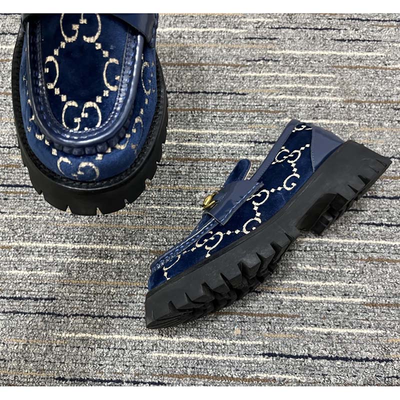 Gucci Men Jordaan GG Velvet Loafer Blue Beige Sole Flat 1.2 Cm Heel