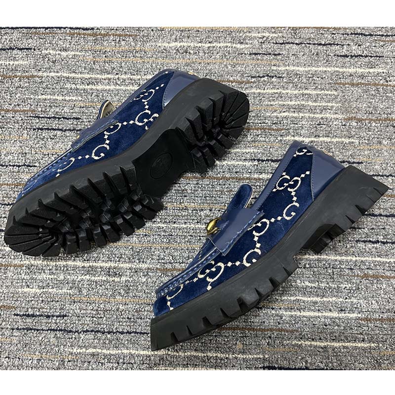 Gucci Men Jordaan GG Velvet Loafer Blue Beige Sole Flat 1.2 Cm Heel