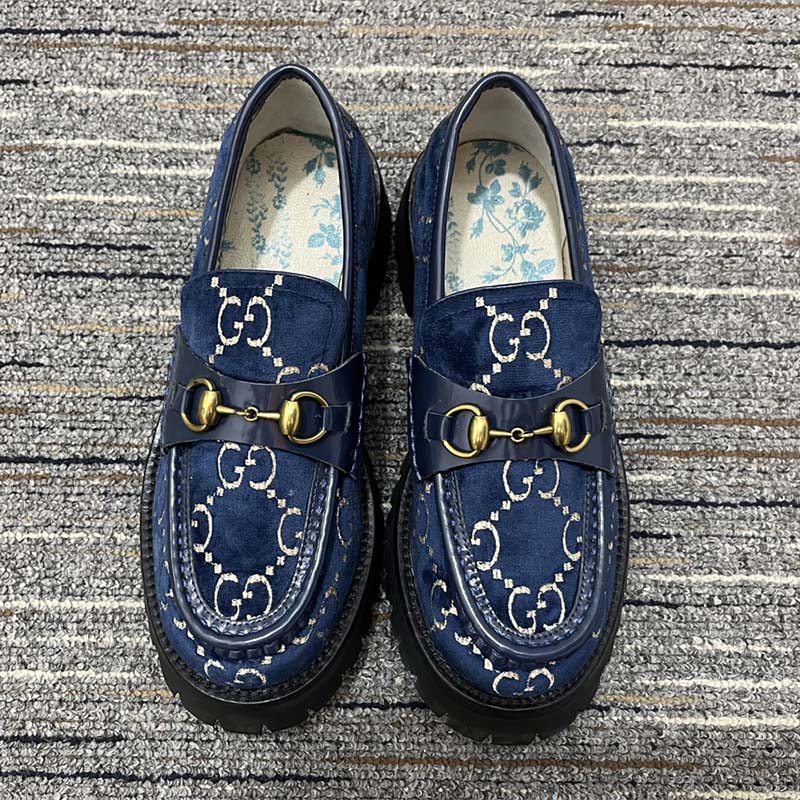 Gucci Men Jordaan GG Velvet Loafer Blue Beige Sole Flat 1.2 Cm Heel