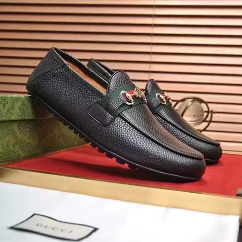 Gucci Men Leather Driver Web Black Soft Calf Enameled Interlocking G Horsebit