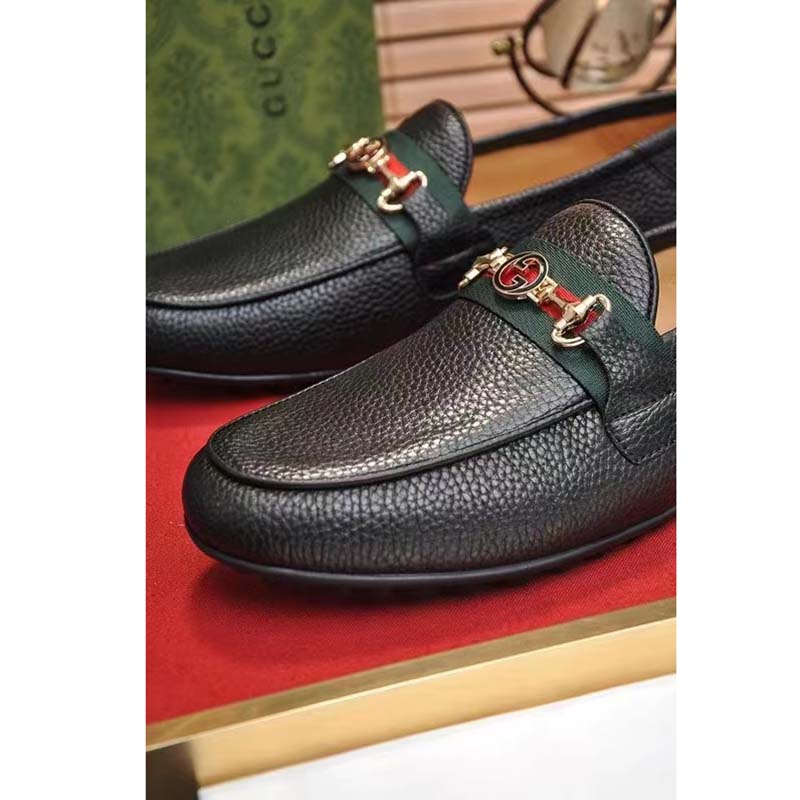 Gucci Men Leather Driver Web Black Soft Calf Enameled Interlocking G Horsebit