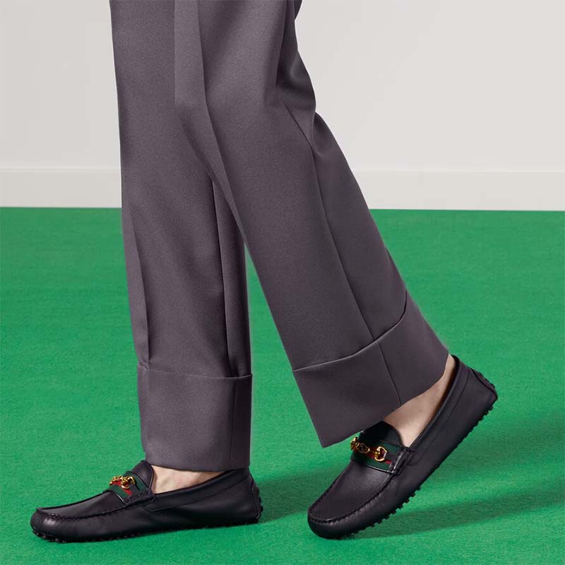 Gucci Men Leather Driver Web Black Soft Calf Enameled Interlocking G Horsebit