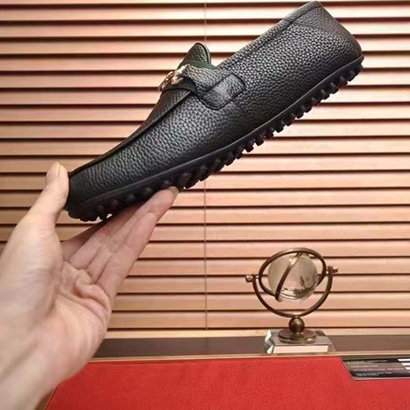 Gucci Men Leather Driver Web Black Soft Calf Enameled Interlocking G Horsebit