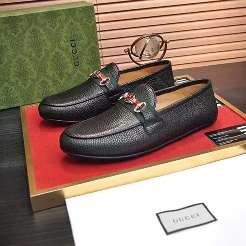 Gucci Men Leather Driver Web Black Soft Calf Enameled Interlocking G Horsebit