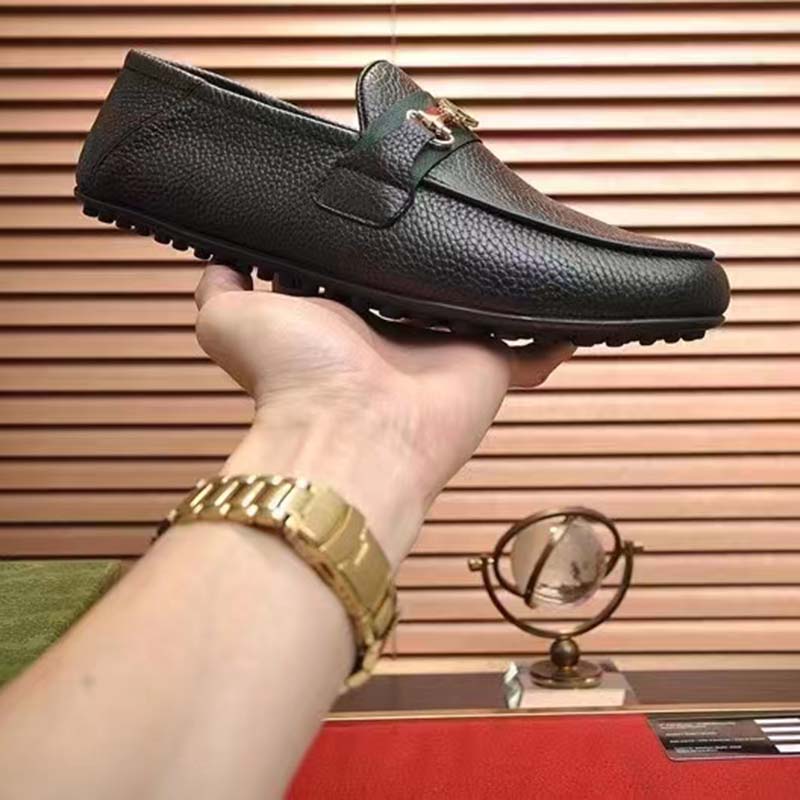 Gucci Men Leather Driver Web Black Soft Calf Enameled Interlocking G Horsebit