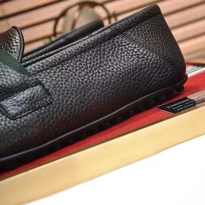 Gucci Men Leather Driver Web Black Soft Calf Enameled Interlocking G Horsebit