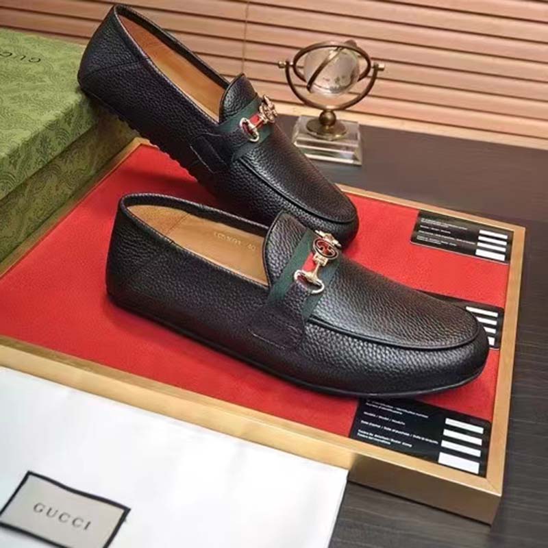 Gucci Men Leather Driver Web Black Soft Calf Enameled Interlocking G Horsebit