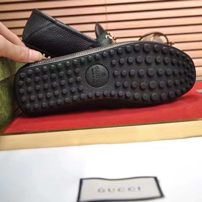 Gucci Men Leather Driver Web Black Soft Calf Enameled Interlocking G Horsebit