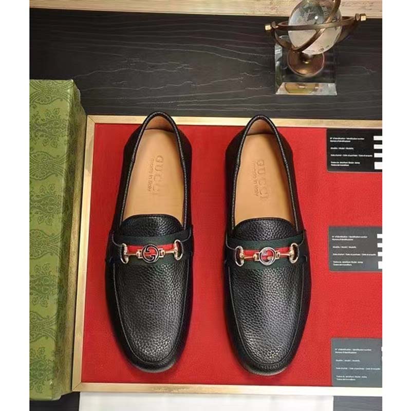 Gucci Men Leather Driver Web Black Soft Calf Enameled Interlocking G Horsebit