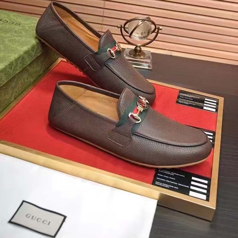 Gucci Men Leather Driver Web Cocoa Soft Calf Enameled Interlocking G Horsebit