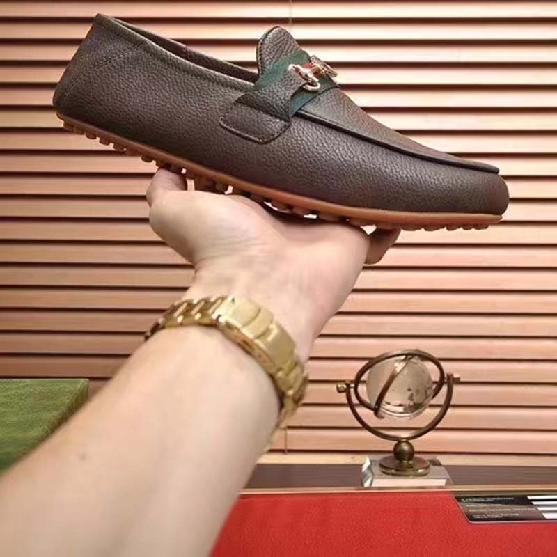 Gucci Men Leather Driver Web Cocoa Soft Calf Enameled Interlocking G Horsebit