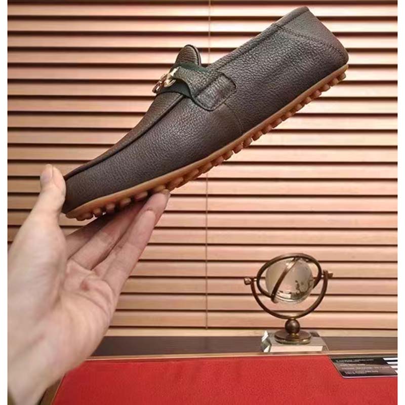 Gucci Men Leather Driver Web Cocoa Soft Calf Enameled Interlocking G Horsebit