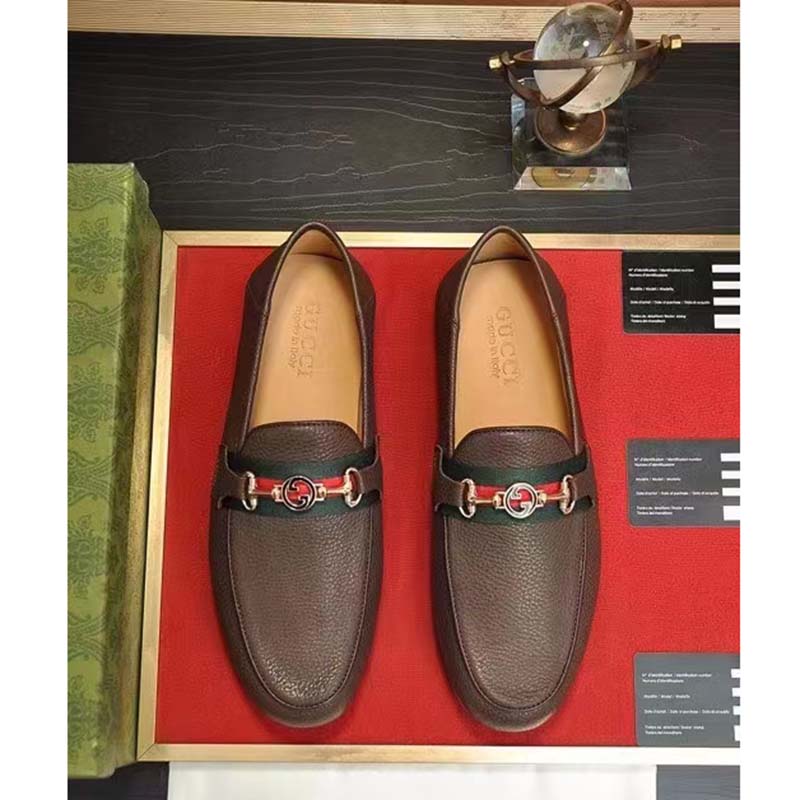 Gucci Men Leather Driver Web Cocoa Soft Calf Enameled Interlocking G Horsebit