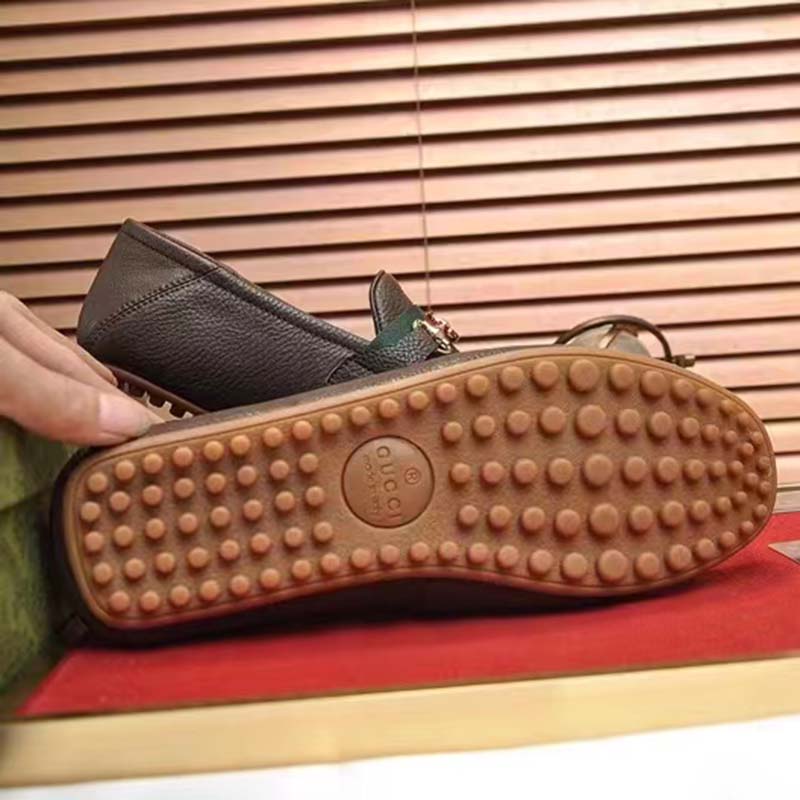 Gucci Men Leather Driver Web Cocoa Soft Calf Enameled Interlocking G Horsebit