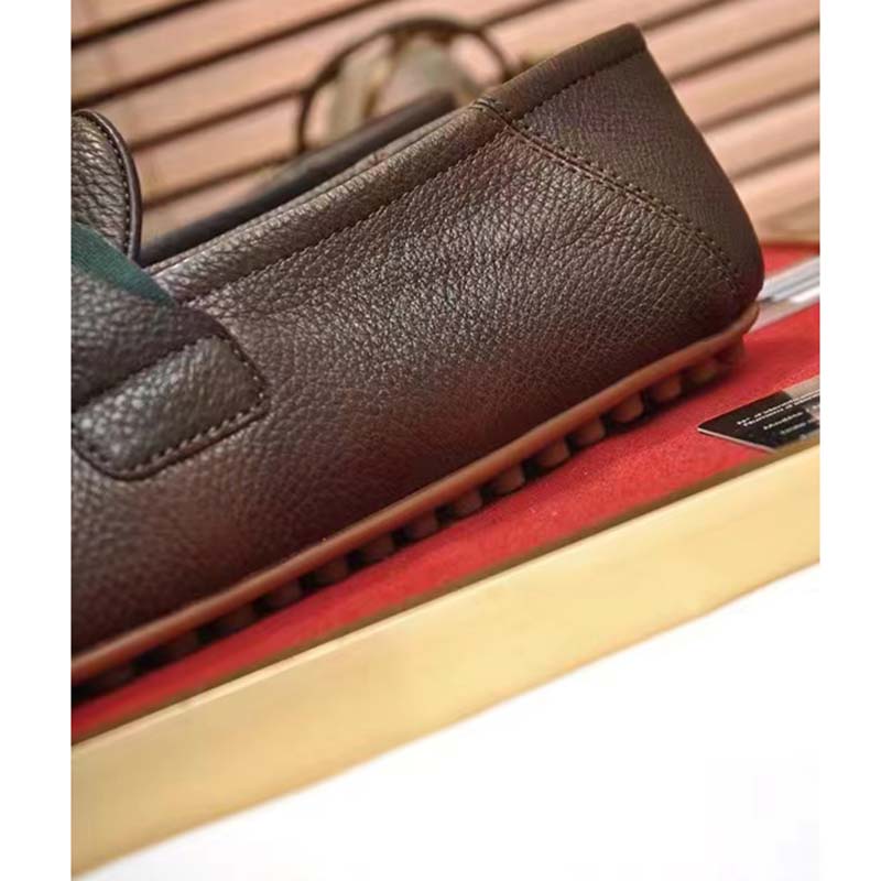 Gucci Men Leather Driver Web Cocoa Soft Calf Enameled Interlocking G Horsebit