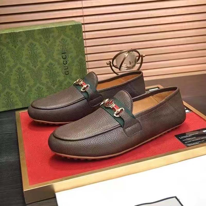 Gucci Men Leather Driver Web Cocoa Soft Calf Enameled Interlocking G Horsebit