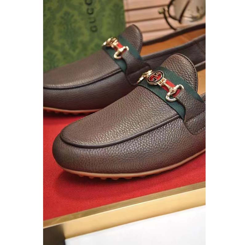 Gucci Men Leather Driver Web Cocoa Soft Calf Enameled Interlocking G Horsebit