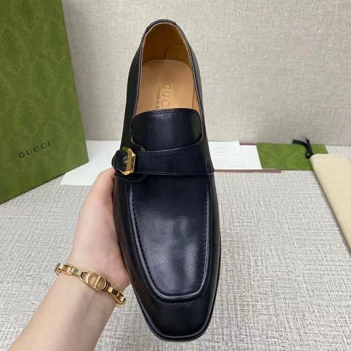Gucci Men Loafer Buckle Black Leather Ornamental Buckle Low 3 Cm Heel