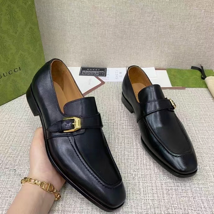 Gucci Men Loafer Buckle Black Leather Ornamental Buckle Low 3 Cm Heel