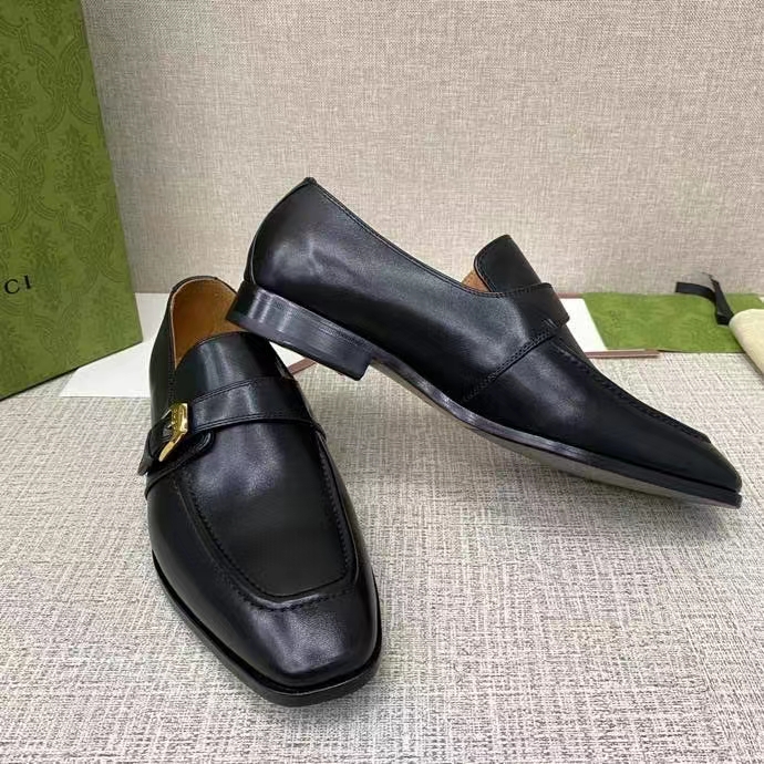Gucci Men Loafer Buckle Black Leather Ornamental Buckle Low 3 Cm Heel