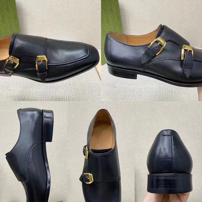 Gucci Men Monk Strap Loafer Smooth Black Leather Buckle Sole Flat 2 Cm Heel