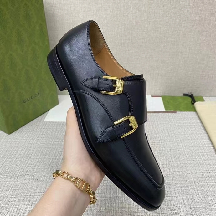 Gucci Men Monk Strap Loafer Smooth Black Leather Buckle Sole Flat 2 Cm Heel