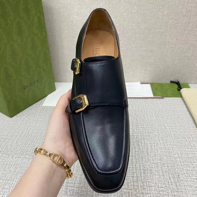 Gucci Men Monk Strap Loafer Smooth Black Leather Buckle Sole Flat 2 Cm Heel