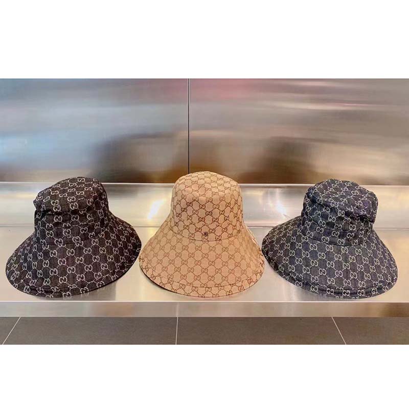 Gucci Unisex GG Canvas Wide Brim Hat Beige Ebony Lined Double G