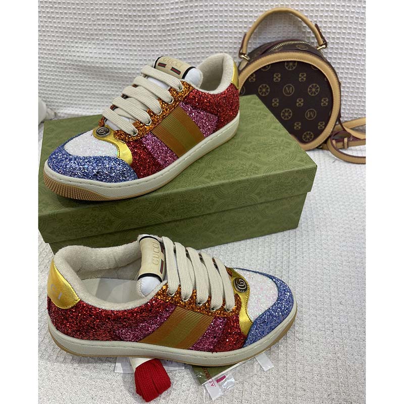 Gucci Unisex GG Lovelight Screener Sneaker Glitter Multicolor Canvas Fabric Rubber Low Heel