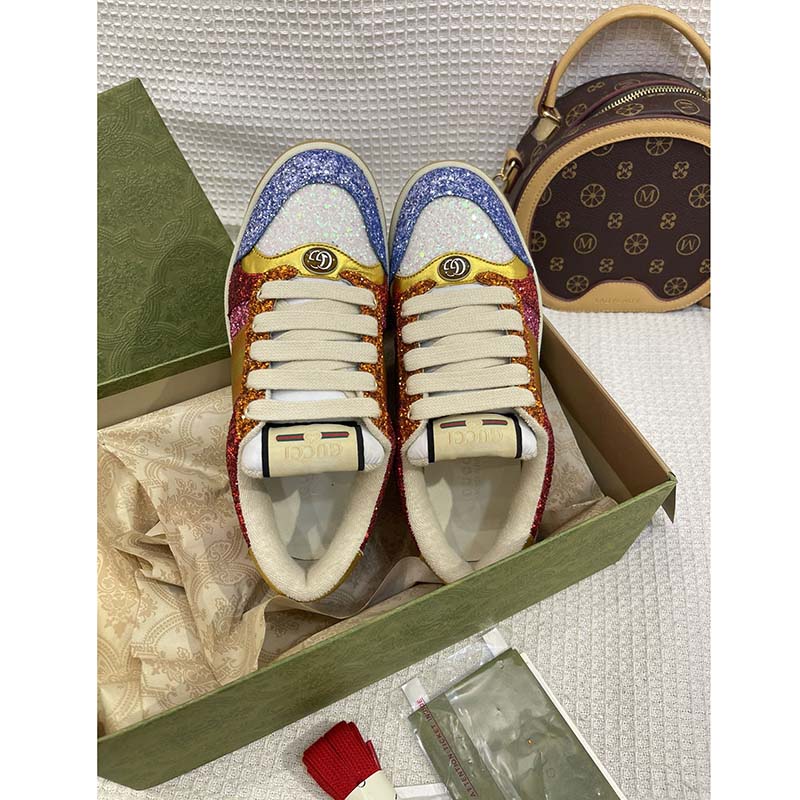 Gucci Unisex GG Lovelight Screener Sneaker Glitter Multicolor Canvas Fabric Rubber Low Heel