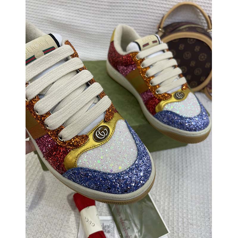 Gucci Unisex GG Lovelight Screener Sneaker Glitter Multicolor Canvas Fabric Rubber Low Heel