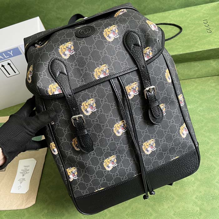 Gucci Unisex GG Medium Backpack Tiger Print Black GG Supreme Canvas