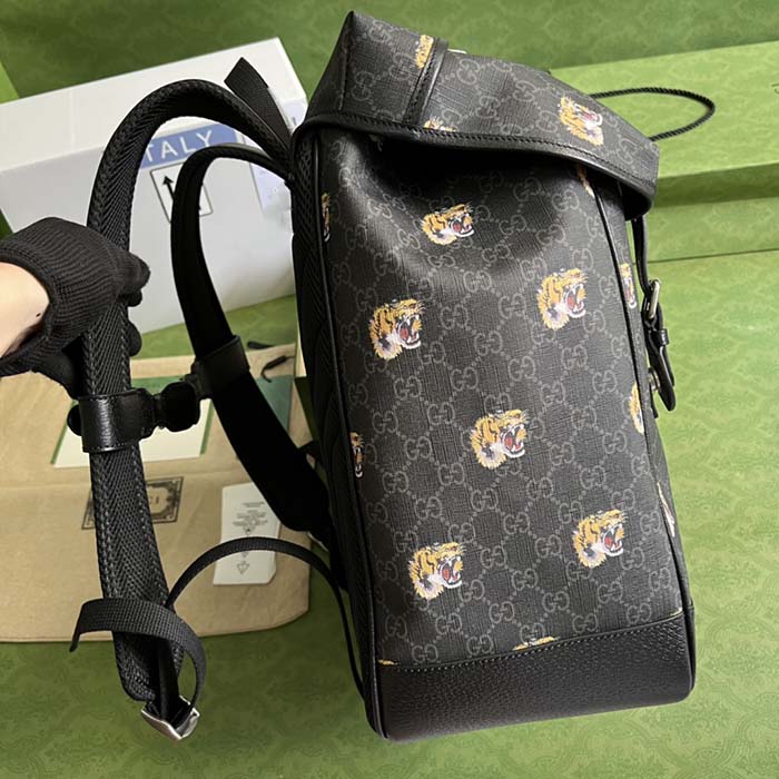 Gucci Unisex GG Medium Backpack Tiger Print Black GG Supreme Canvas
