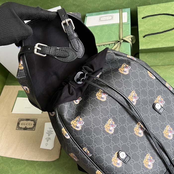 Gucci Unisex GG Medium Backpack Tiger Print Black GG Supreme Canvas