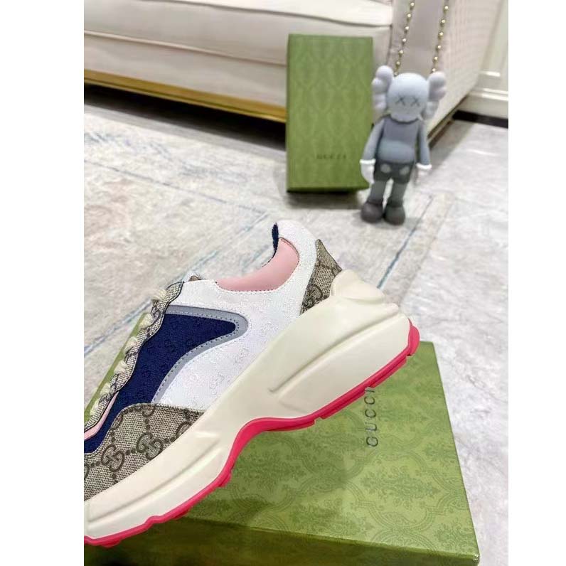 Gucci Unisex GG Rhyton Sneaker Beige Blue Pink GG Supreme Canvas Low Heel