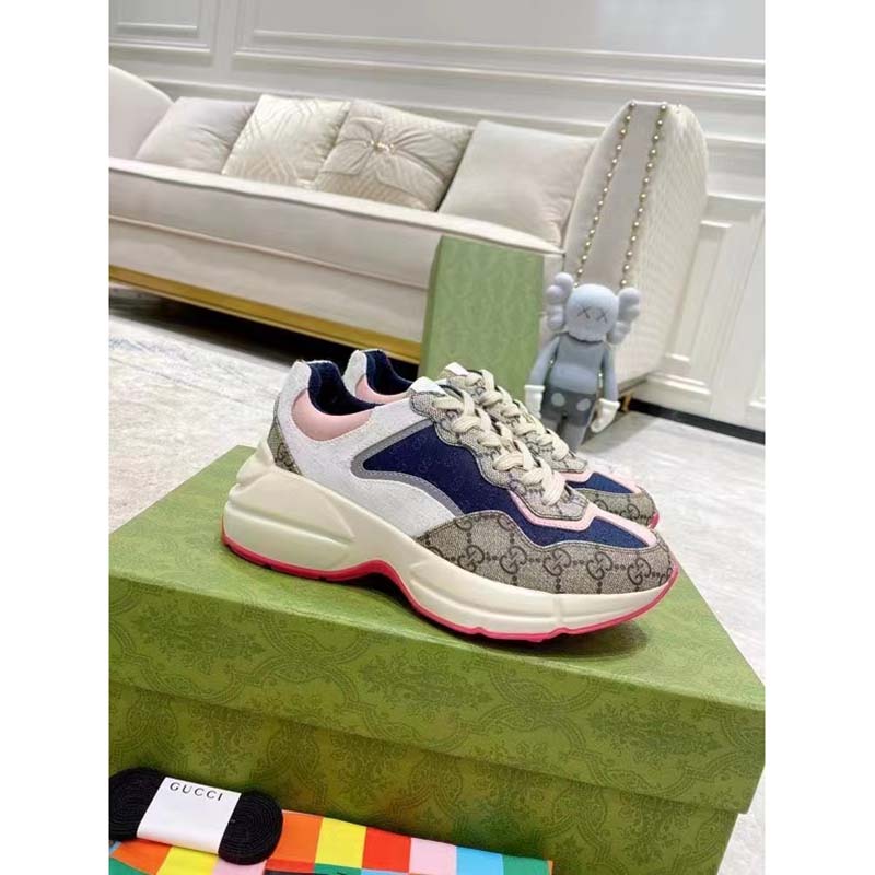 Gucci Unisex GG Rhyton Sneaker Beige Blue Pink GG Supreme Canvas Low Heel