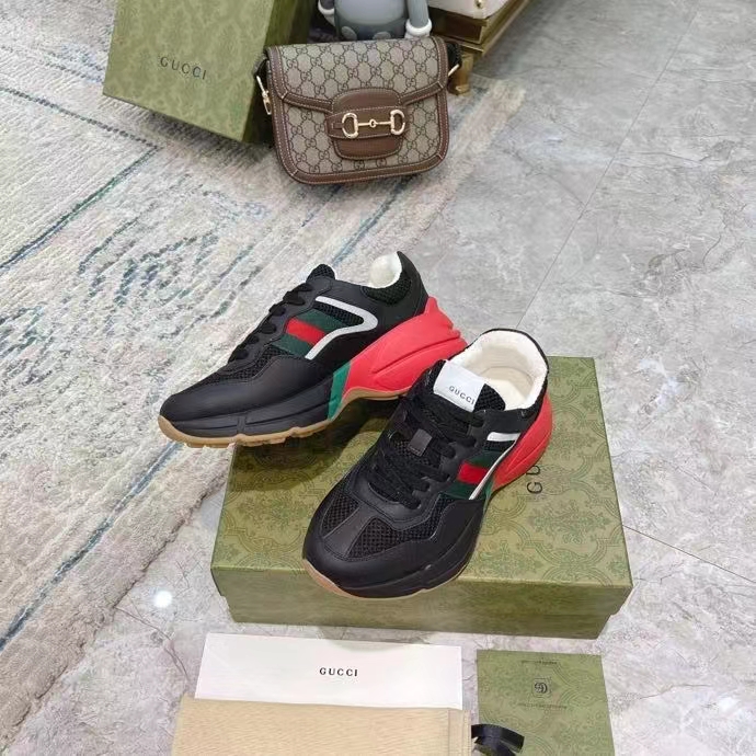 Gucci Unisex GG Rhyton Sneaker Black Leather Mesh Rubber Sole Low Heel